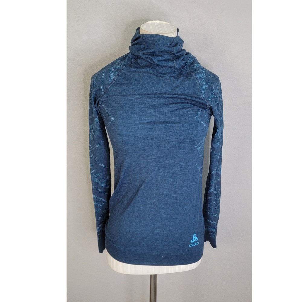 Odlo Base Layer Top XS Navy Blue High Neck Long Sleeve Hood Women Base Layer